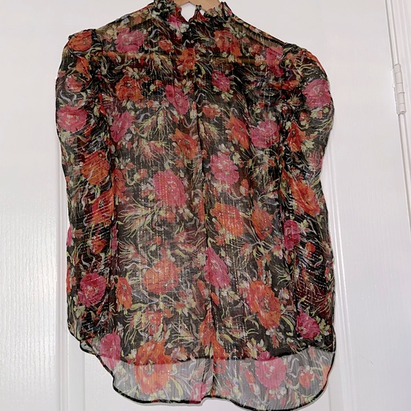 Sandro Amina Floral-Print Metallic-Stripe Top - Picture 3 of 10